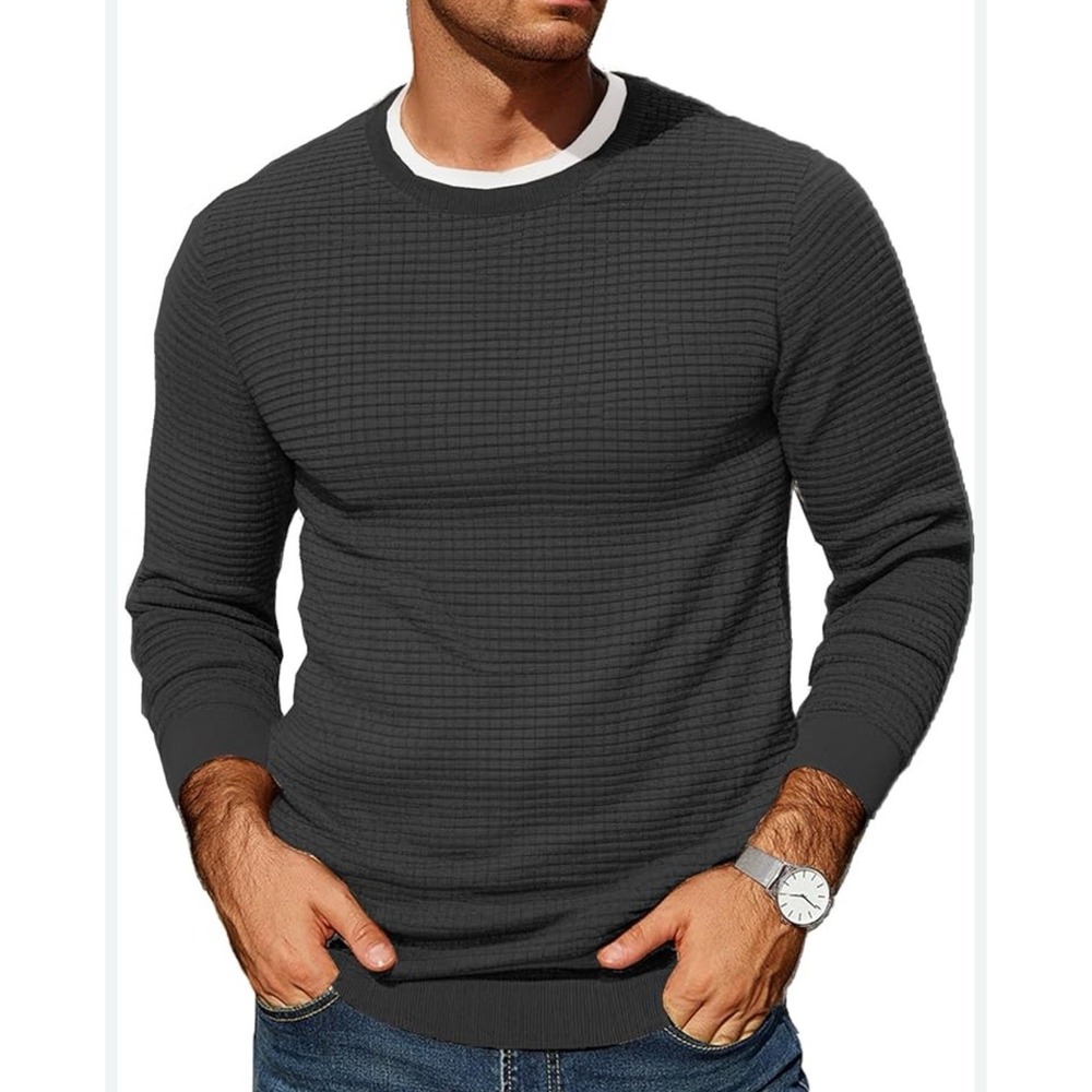 NEW COOFANDY Waffle Knit Sweater Men Size M Black Pullover Crewneck NWT Stretch‎